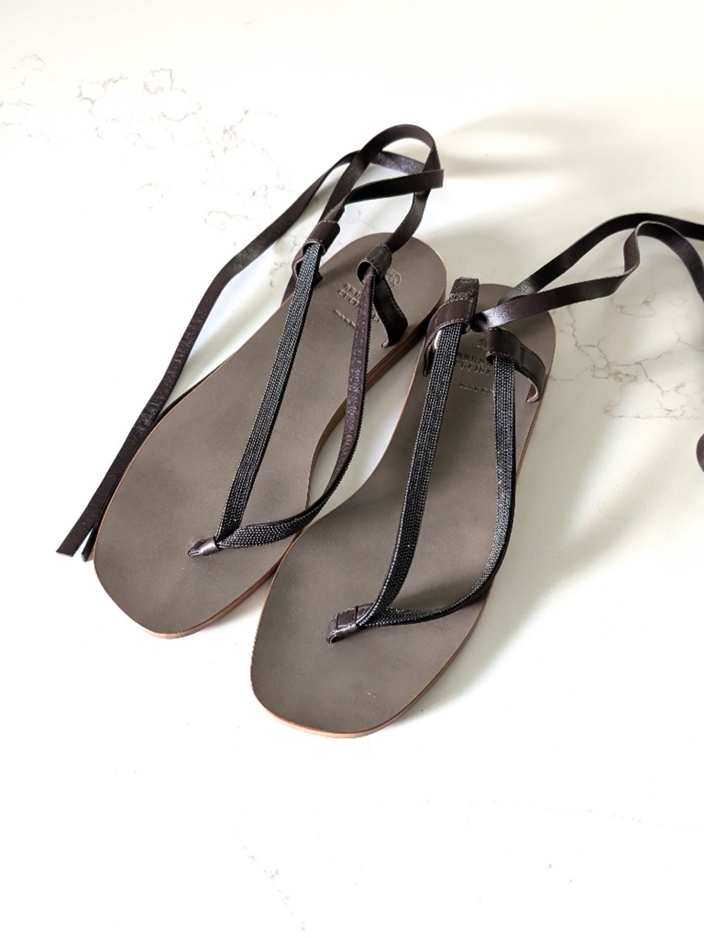 Brunello Cucinelli Monili Flat Leather Sandals Ankle Tie Wrap Brown EU 38 US 8